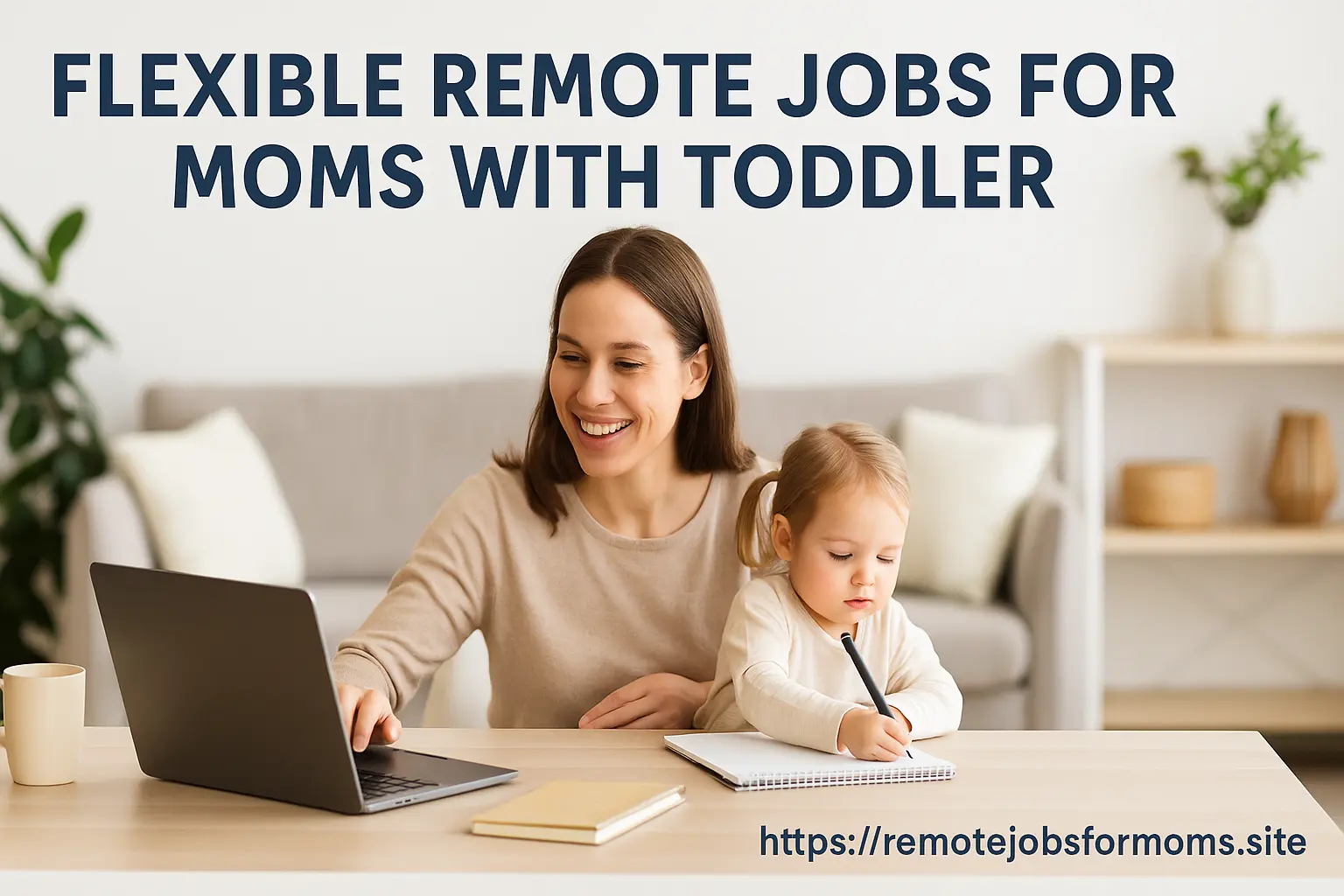 Mother working on a laptop with toddler in lap, representing flexible remote jobs for moms with toddlers working from home with balance and ease.