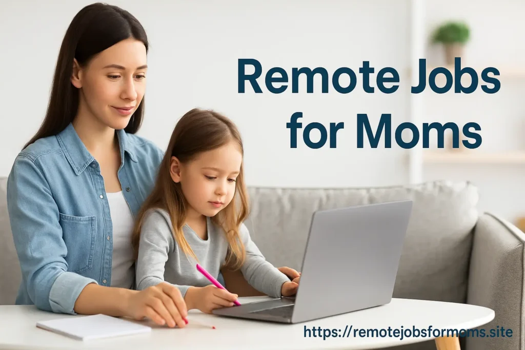 A mom working remotely on her laptop with her child beside her, representing flexible and family-friendly remote jobs for moms in 2025.