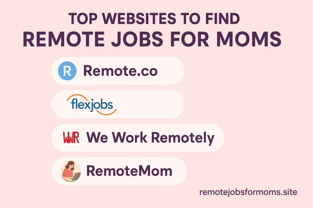 Infographic listing the top websites to find remote jobs for moms, including Remote.co, FlexJobs, We Work Remotely, and RemoteMom, on a pink background.