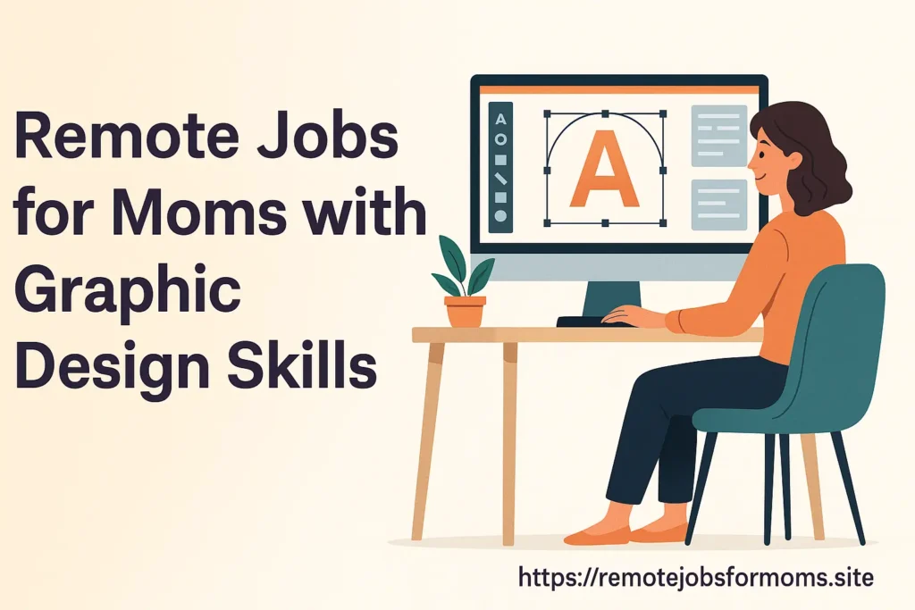 A mother working remotely on graphic design while holding her baby, sitting at a desk with a digital drawing tablet and a computer displaying design tools. The scene is cozy and modern, with houseplants and minimal decor. Text reads: "Remote Jobs for Moms with Graphic Design Skills." Website URL appears in the corner.