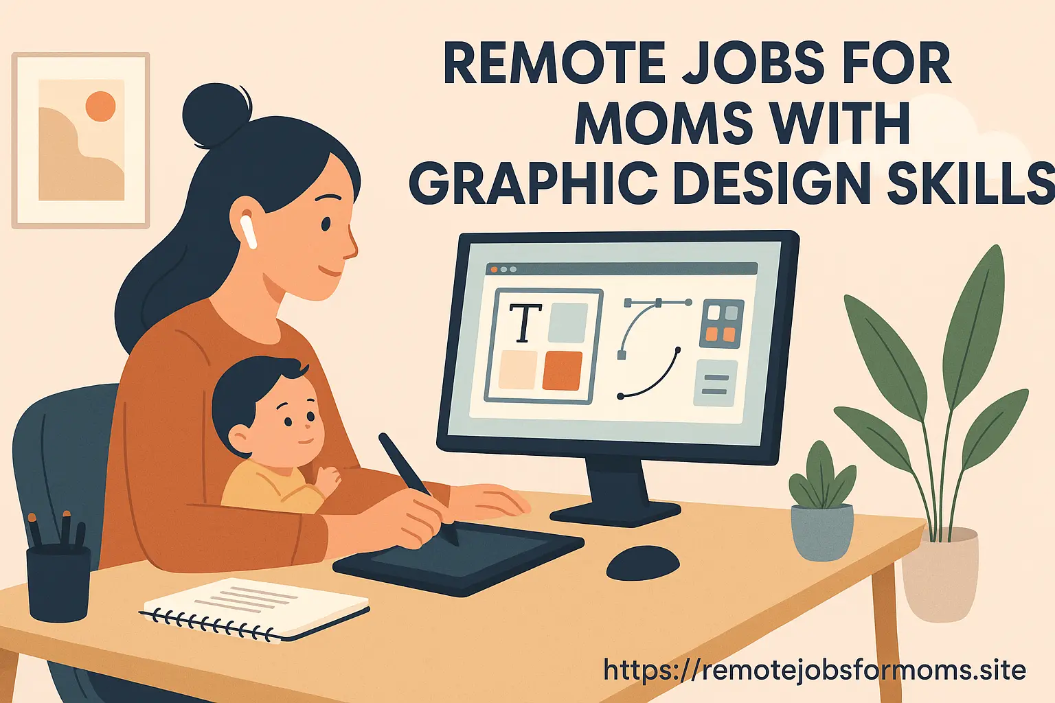 A mother working remotely on graphic design while holding her baby, sitting at a desk with a digital drawing tablet and a computer displaying design tools. The scene is cozy and modern, with houseplants and minimal decor. Text reads: "Remote Jobs for Moms with Graphic Design Skills." The website URL appears in the corner.