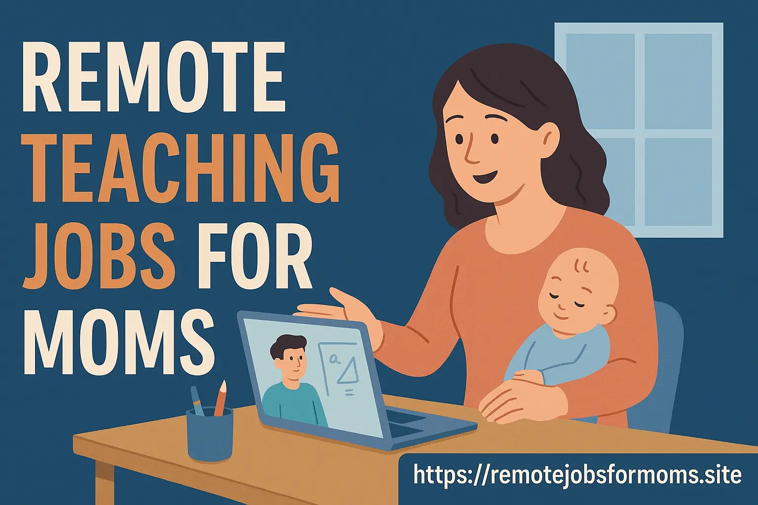 A mom teaching online from home while holding her baby, symbolizing remote teaching jobs for moms with flexibility and family balance.