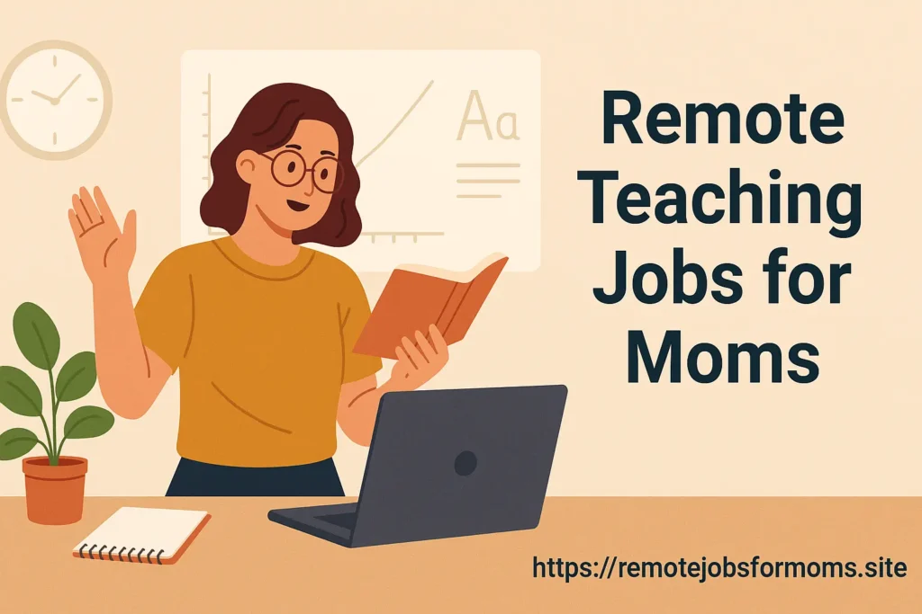 A mom teaching online from home while holding her baby, symbolizing remote teaching jobs for moms with flexibility and family balance.