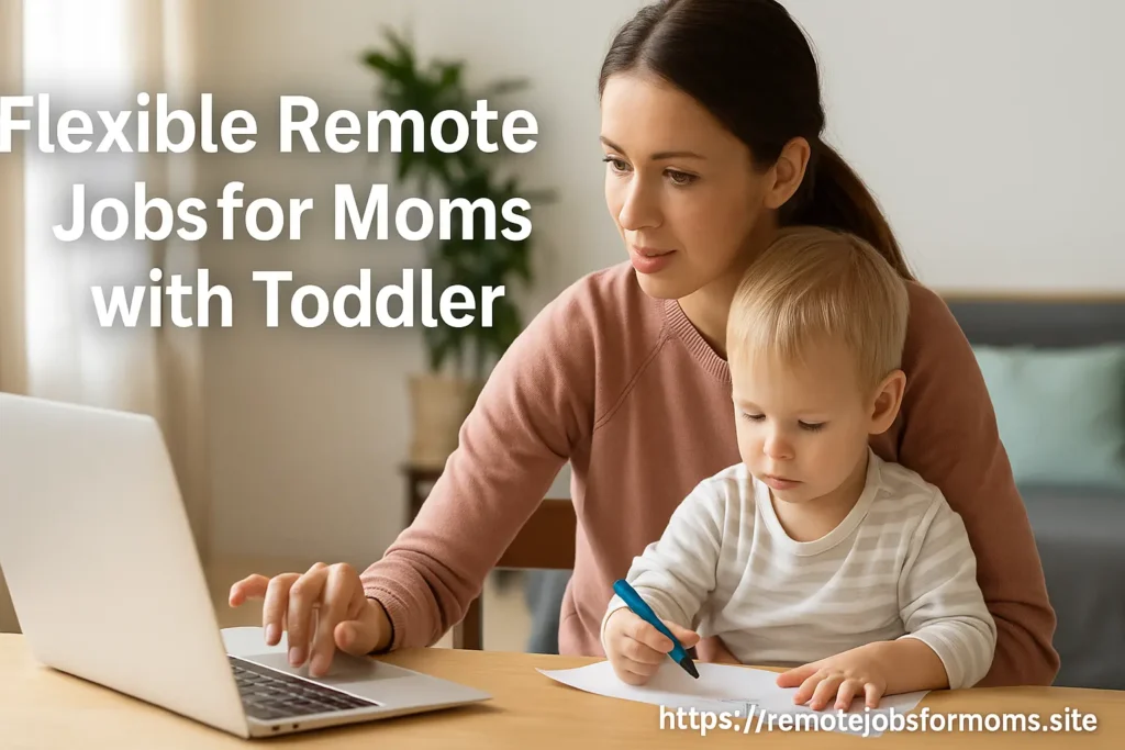Mother working on a laptop with toddler in lap, representing flexible remote jobs for moms with toddlers working from home with balance and ease.