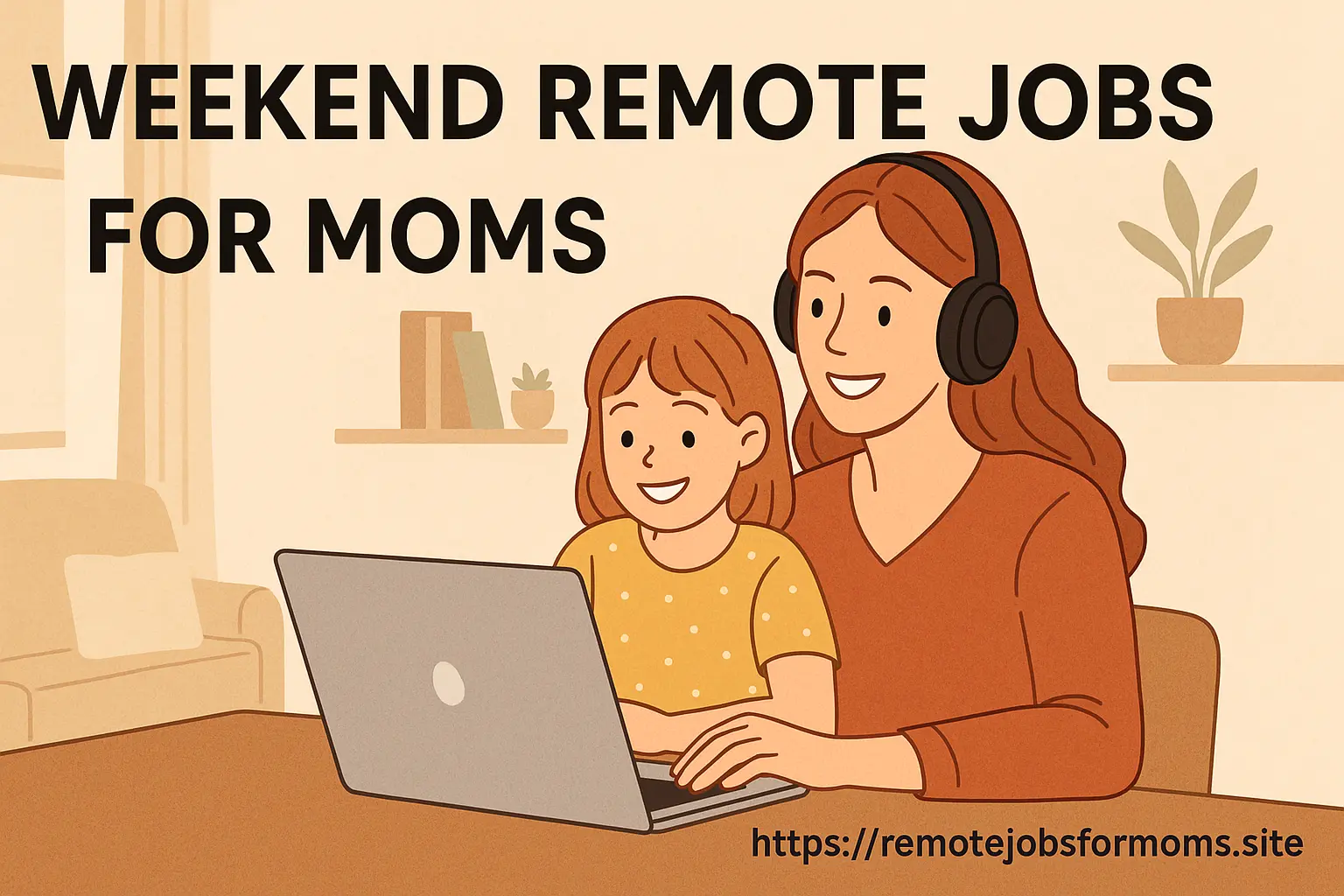 A mom working remotely on her laptop with a toddler on her lap, showcasing weekend remote jobs for moms in a cozy home environment.