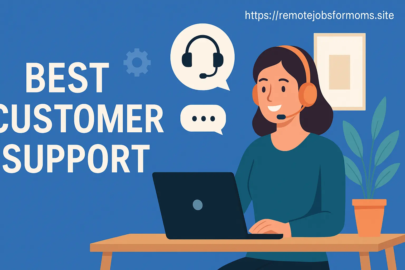 Illustration of a smiling mom wearing a headset and working on a laptop at home, representing the best customer support remote jobs for moms in 2025.